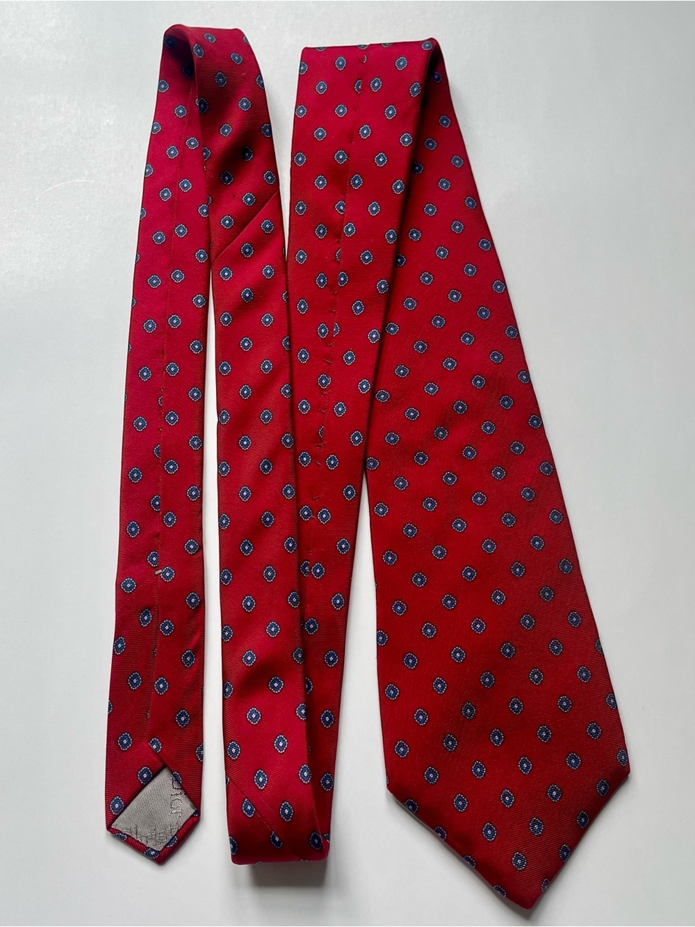 Christian Dior Red Tie with Blue Medallion Pattern